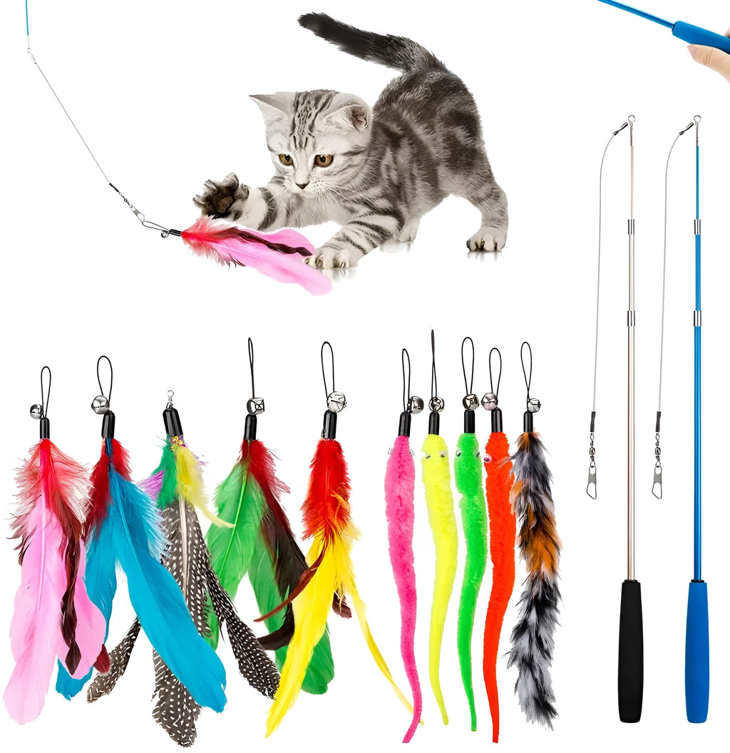 Cat teasing pole set with three-section fishing rod and feather replacement heads
