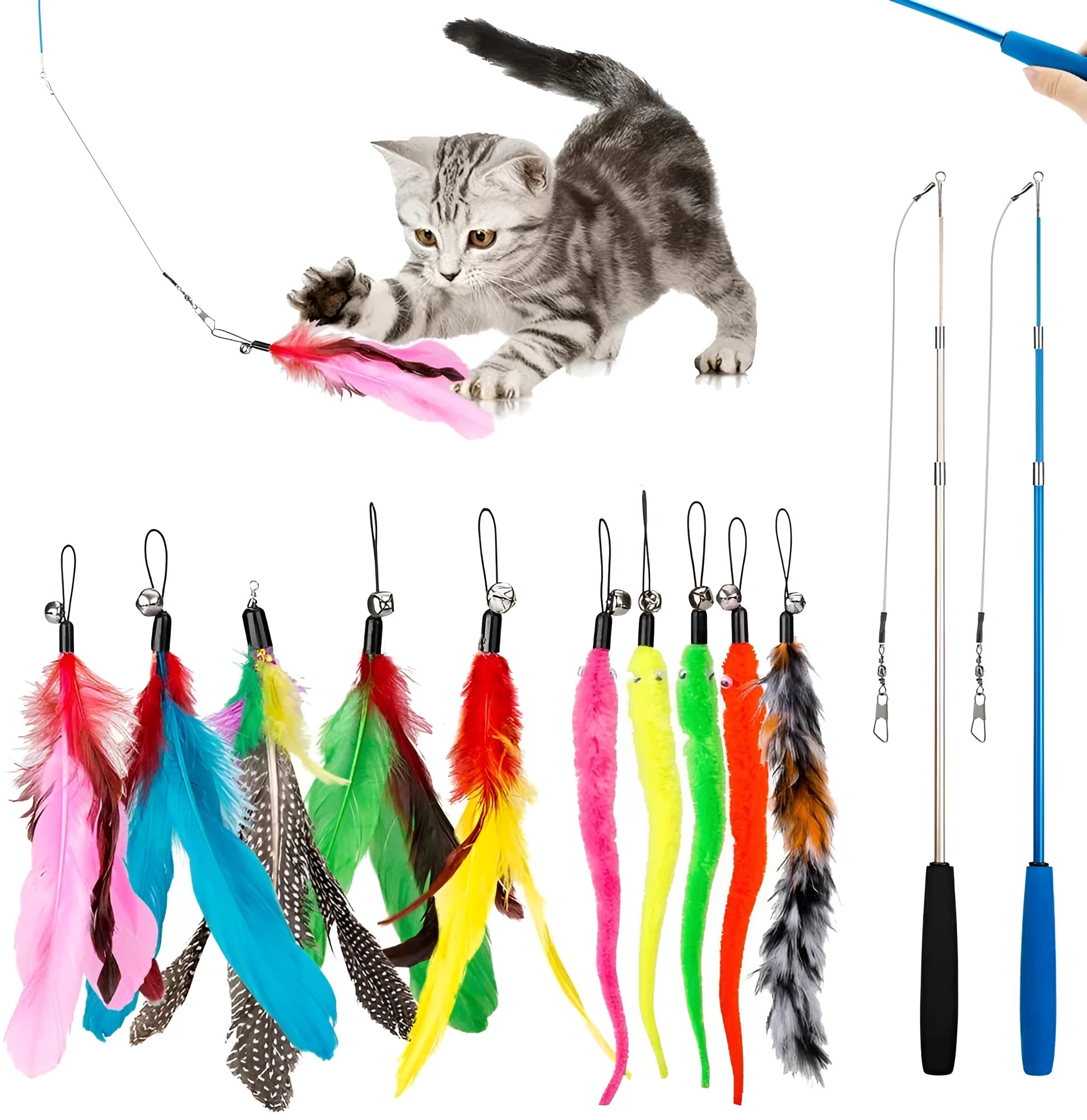 Cat teasing pole set with three-section fishing rod and feather replacement heads