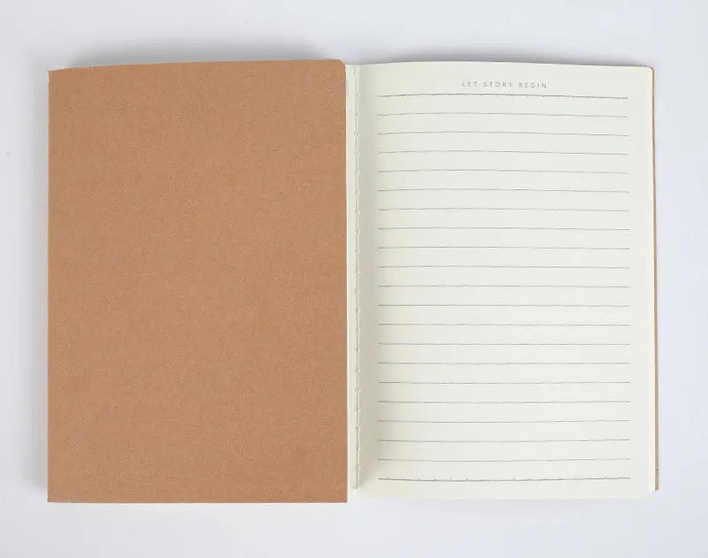 Beige leather thread-bound notebook open showing soft paper with ruled lines.