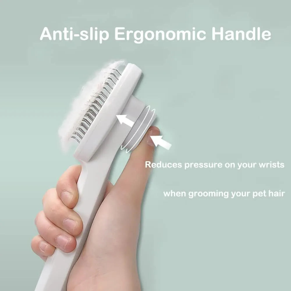 Self-cleaning cat brush with blue handle and rubber-tipped metal pins
