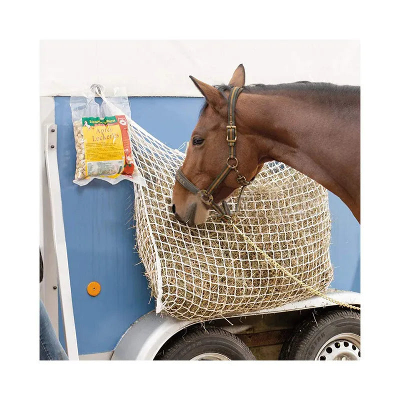 Black woven PE rope grid hanging feeding bag for horses and cattle.