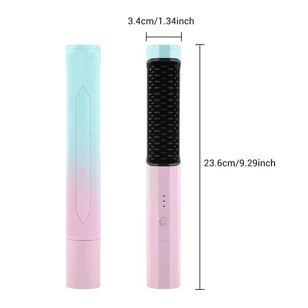 Pink cordless straightening comb with USB charging port and anti-scald design