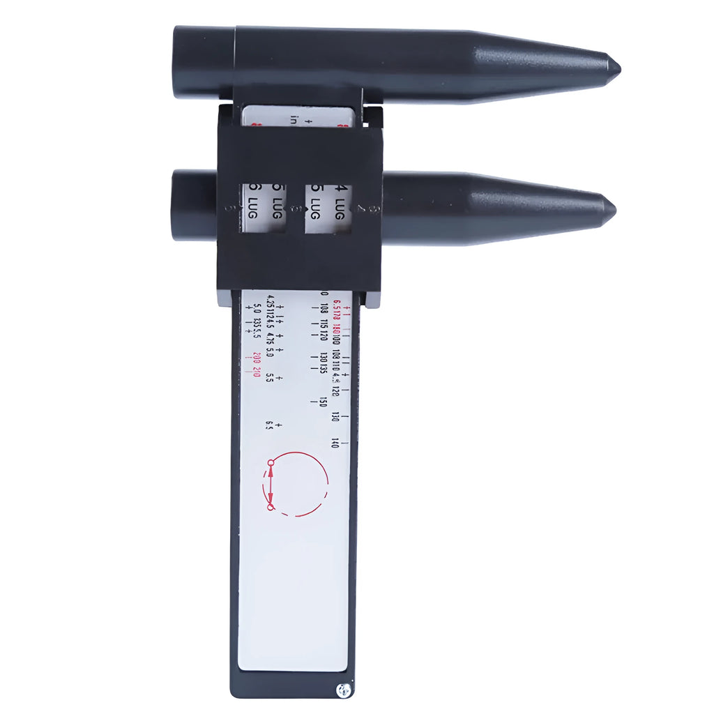 Plastic digital hole distance measuring tool with electronic caliper display, shown with dimensions.