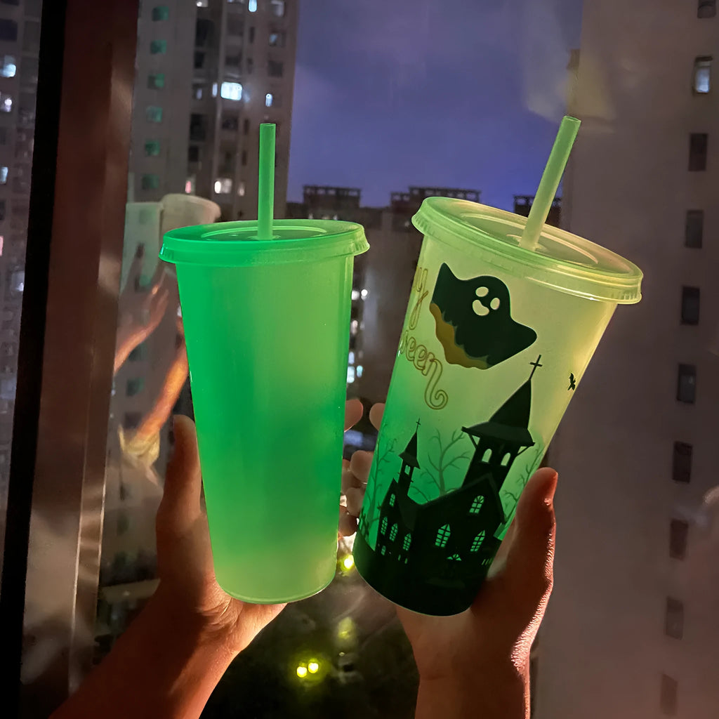 720ml cylindrical plastic sippy cup with luminous straw in assorted colours for Halloween