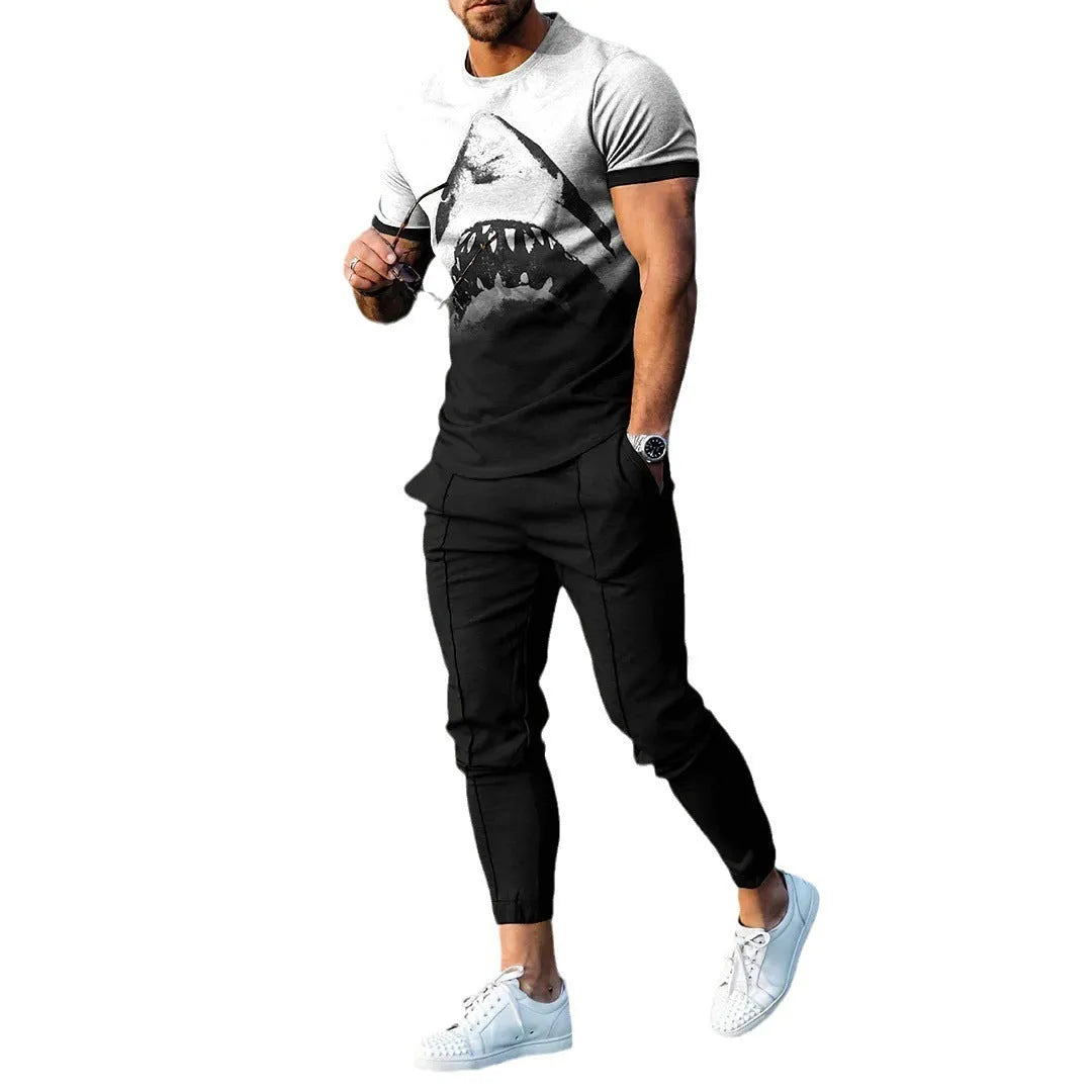Man wearing a short sleeve round neck pullover and matching trousers from the polyester sports set.