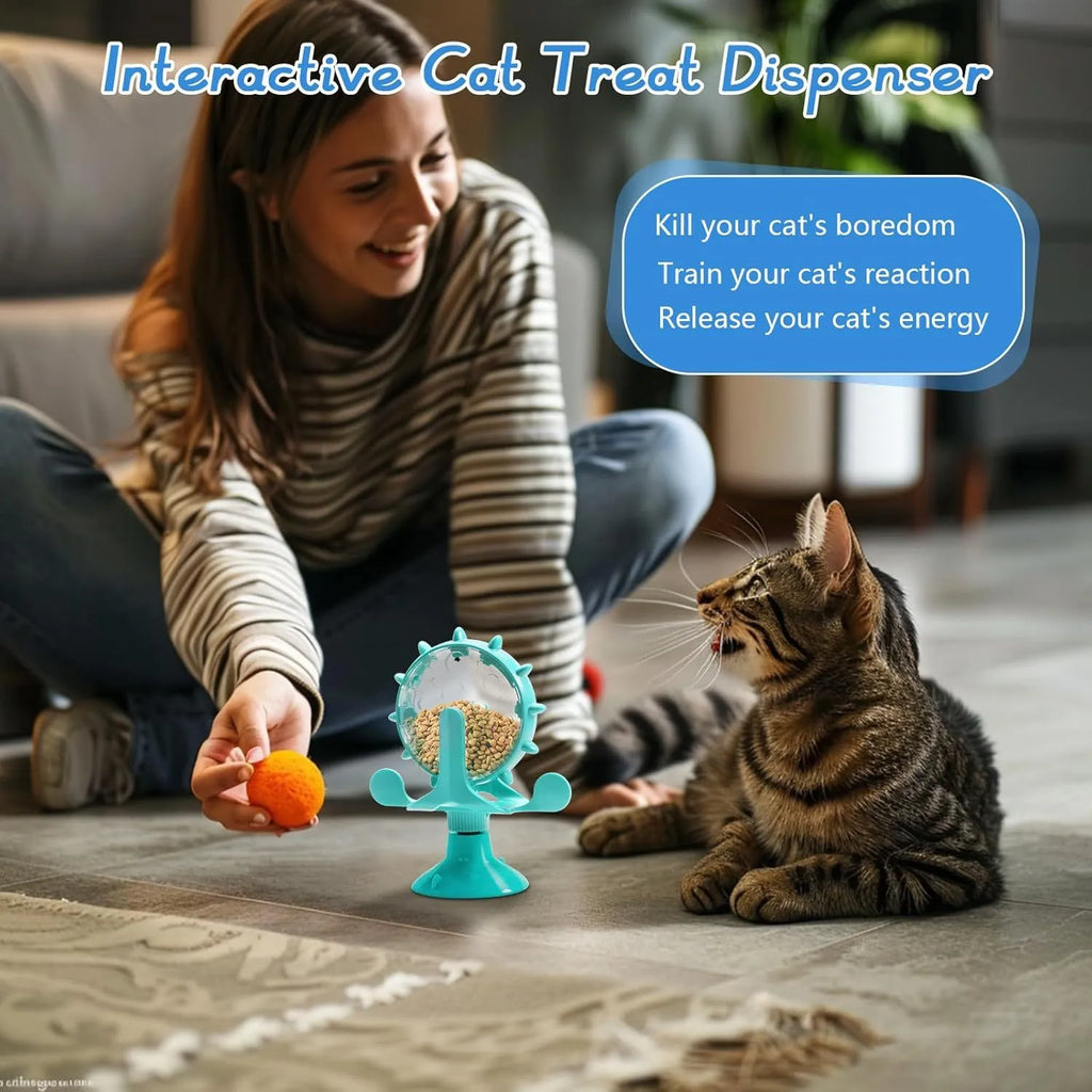 Interactive pet puzzle toy with spinner and sucker base in blue, green, red or yellow for cats and small dogs.