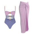 Women's solid colour one-piece swimsuit with gold button and matching skirt in black, blue, brown or pink