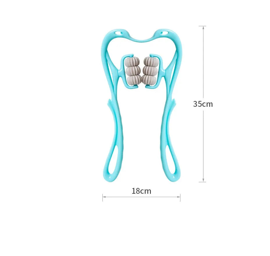 Pink and blue swan-shaped manual neck massager with six wheels and a white crystal jade scraping board.