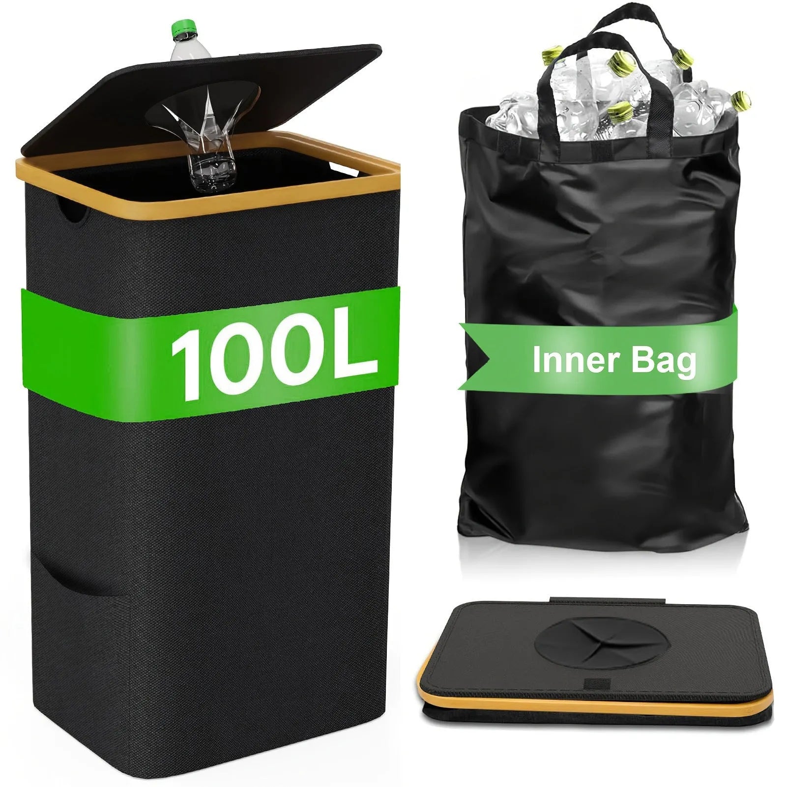 Black bamboo storage basket with removable lid showing double inner pocket organisation system