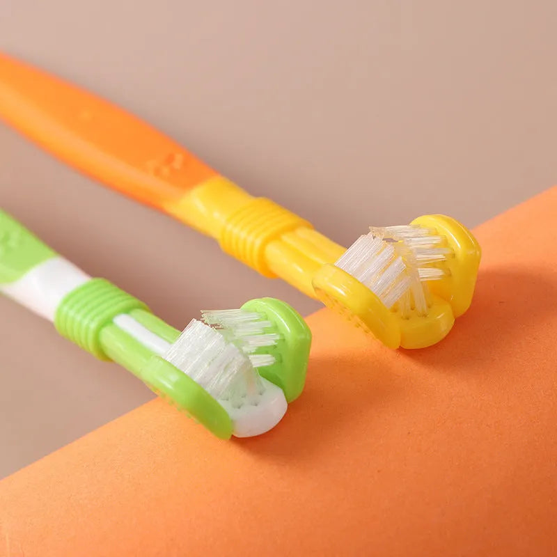 Pet toothbrush in orange, green, yellow, blue pink, black yellow or dark green colours with plastic handle and nylon bristles