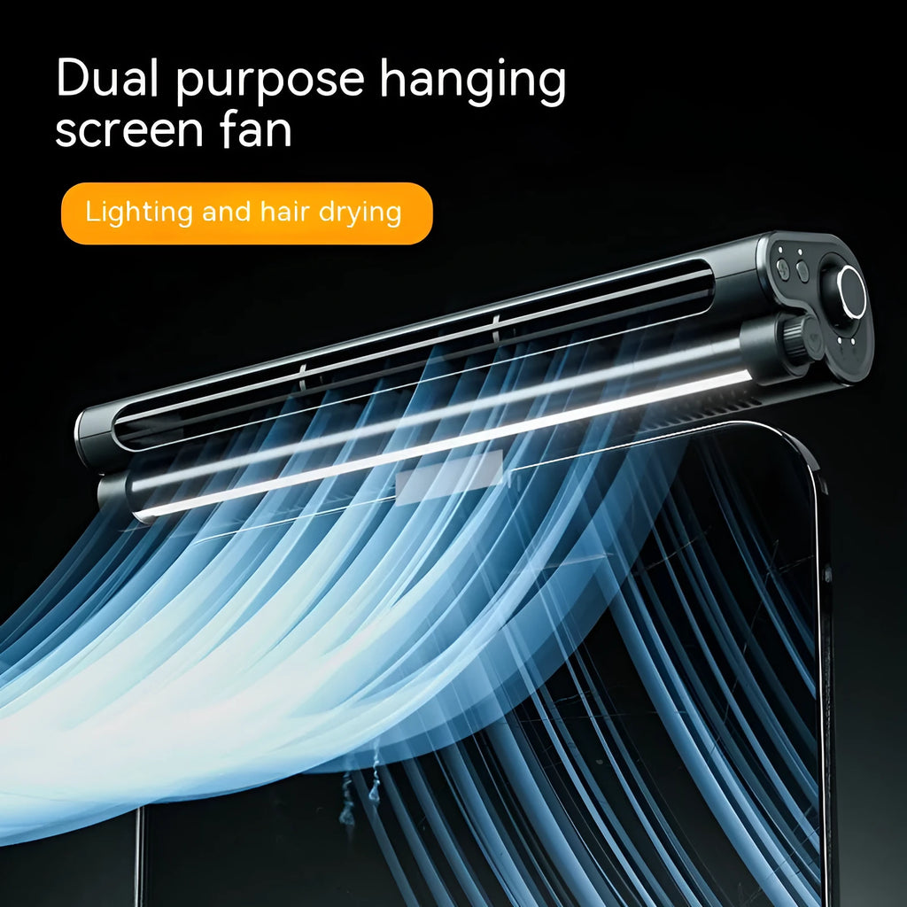 Black bladeless USB fan with clip attached to a laptop screen, showing integrated LED light.