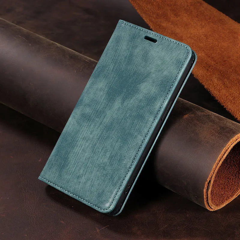 Magnetic flip phone case in grey colour made of TPU and leather for iPhone.