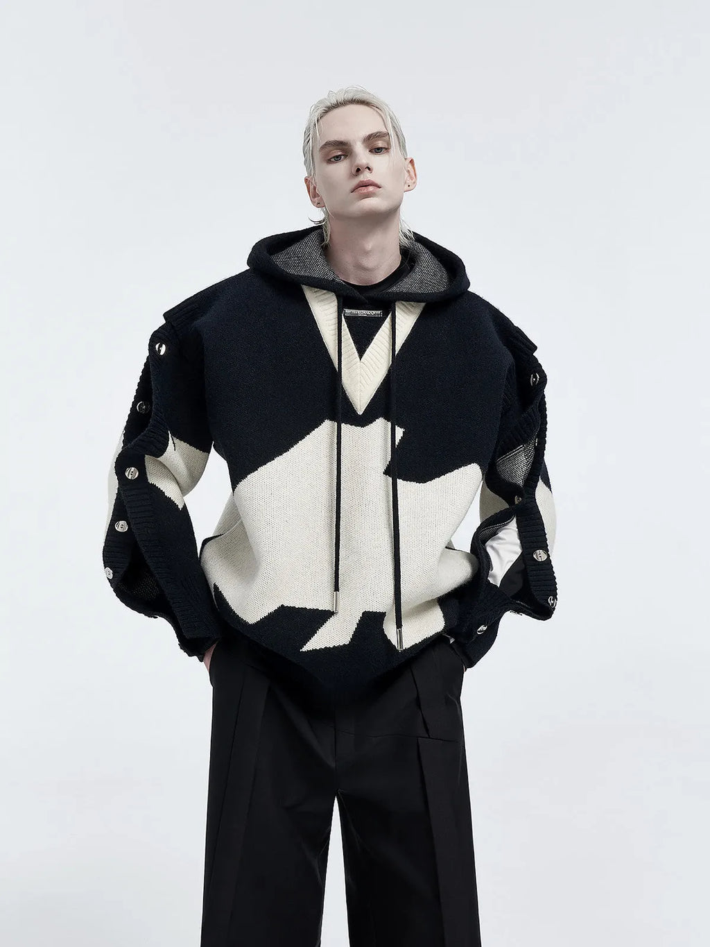 Men's ink gray black colour block long sleeve embroidered pullover hoodie jacket on hanger