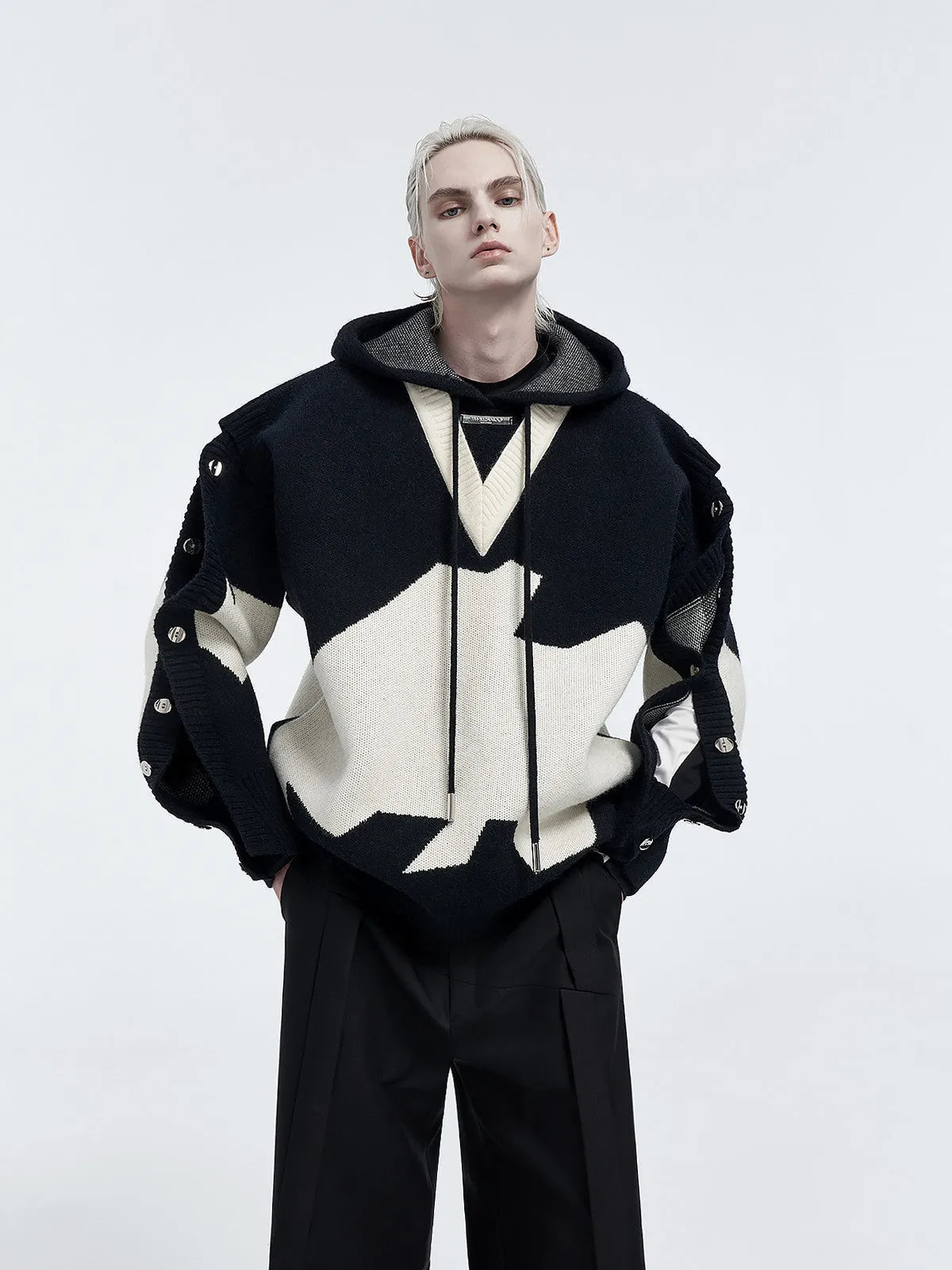 Men's ink gray black colour block long sleeve embroidered pullover hoodie jacket on hanger