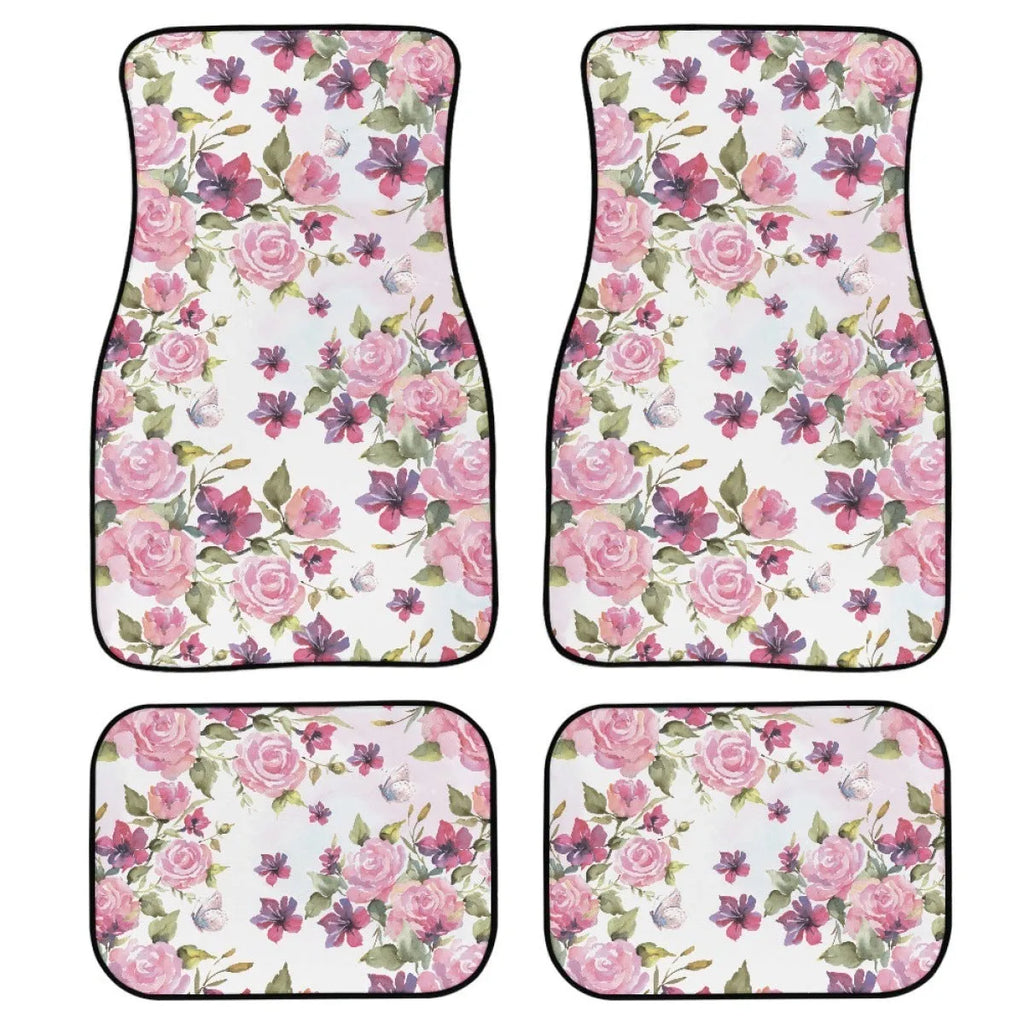 Black printed rubber car foot mat set showing four pieces for vehicle footwells.