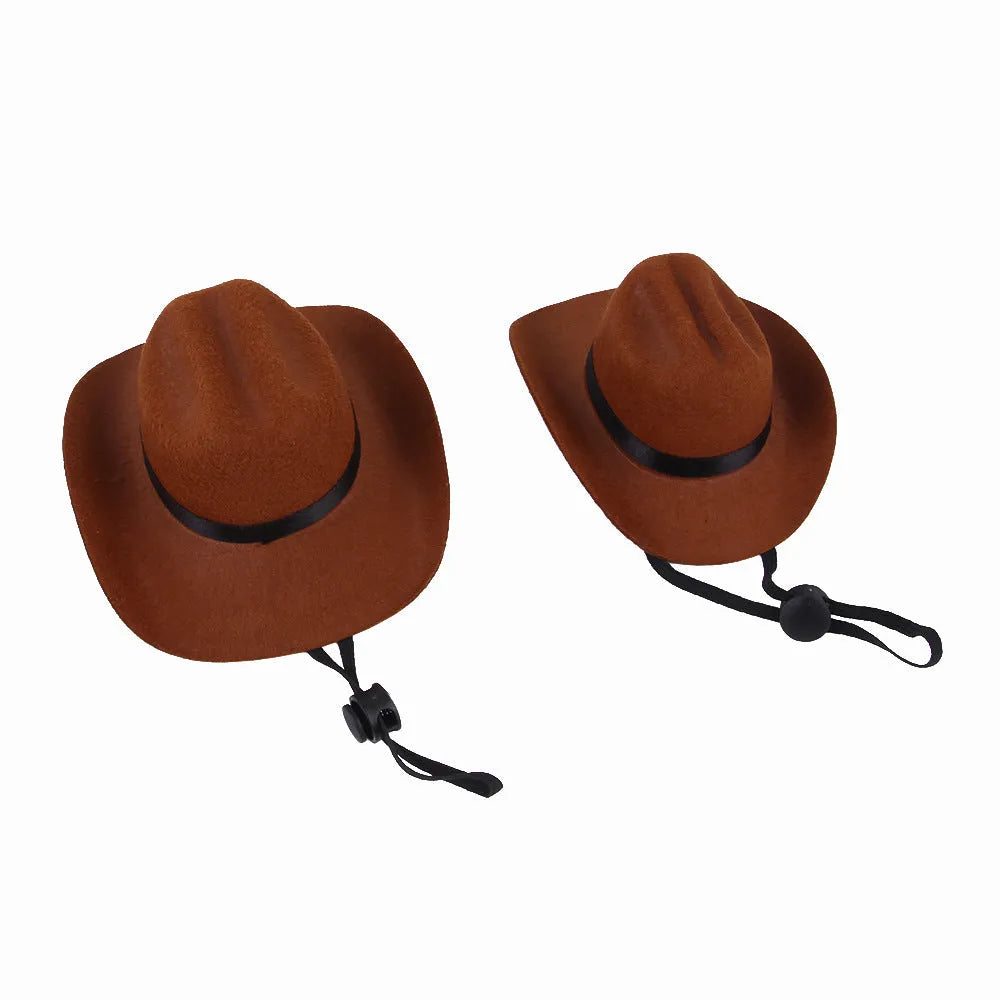 Adjustable pet cowboy hat headgear shown in four colours with size measurements for dog and cat costume use