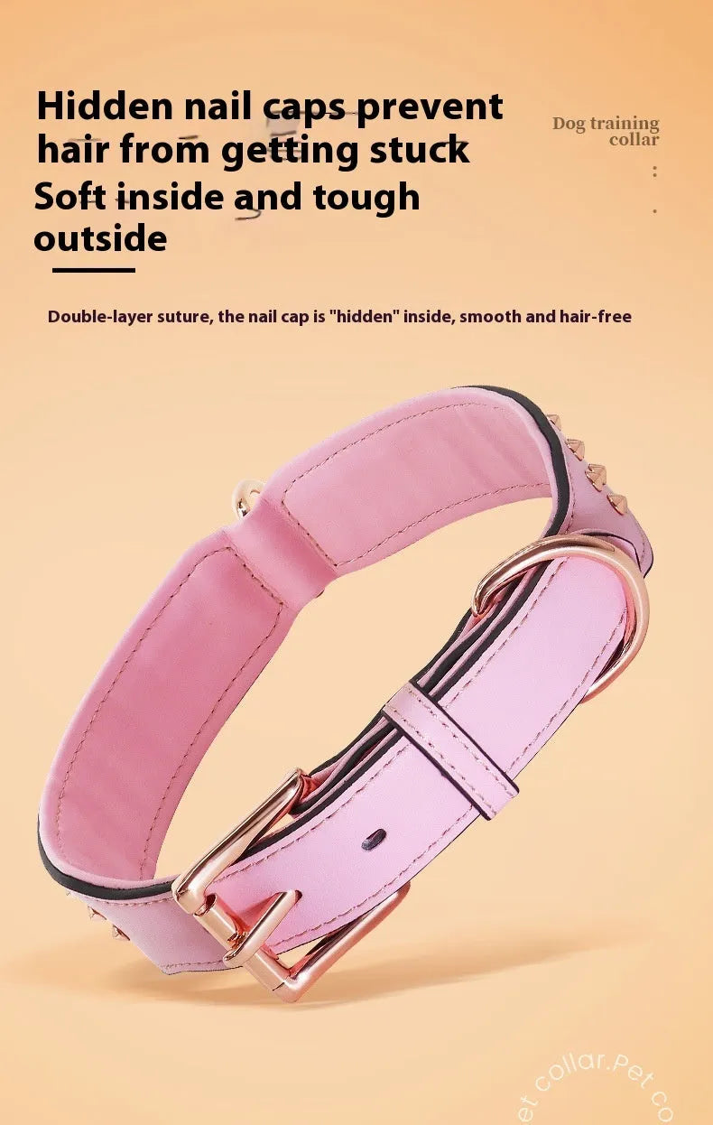 Leather dog collar with metal rivets in chocolate colour, shown with a D-ring and buckle.