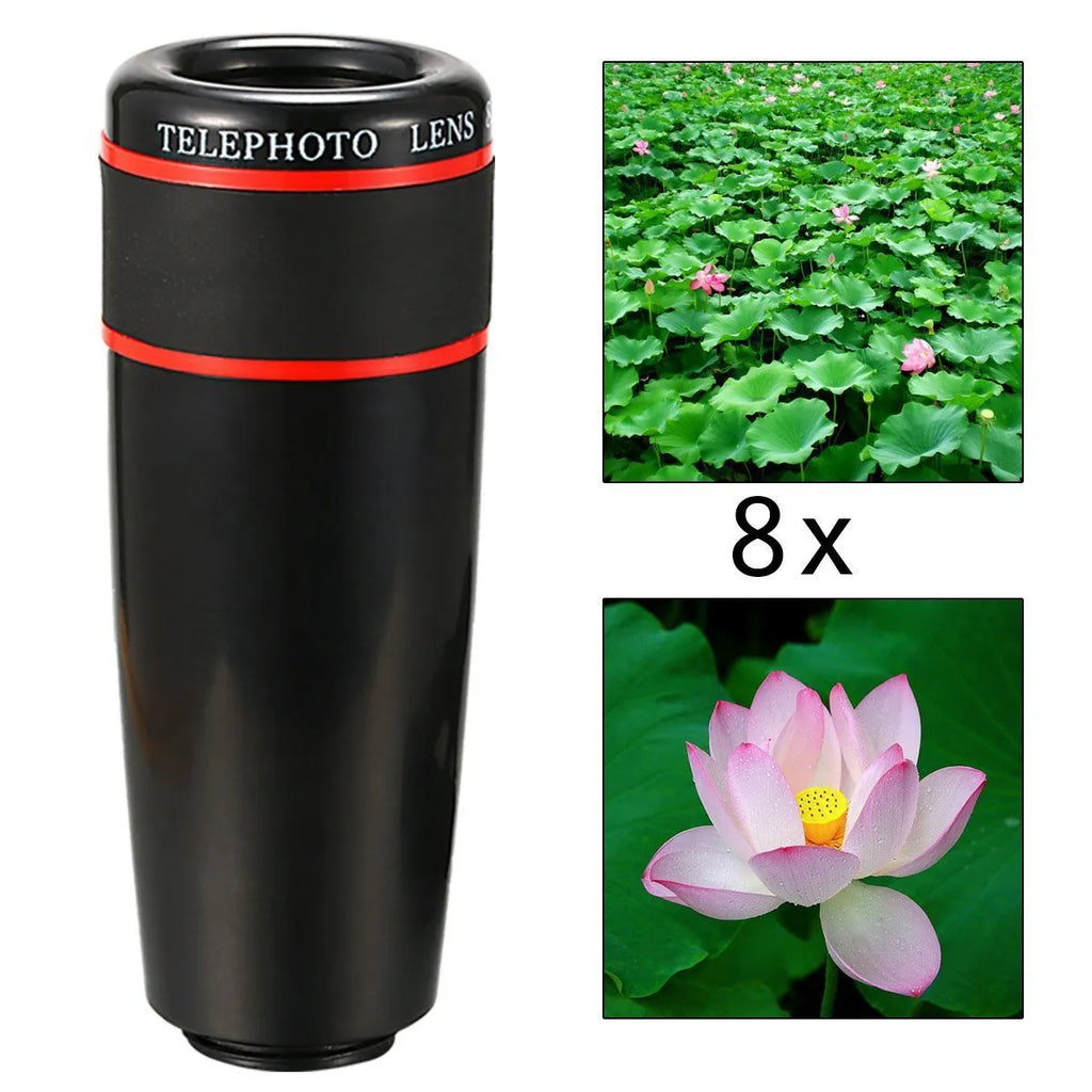 3-in-1 telephoto lens kit for mobile phones with 8x magnification, universal clip, and selfie stick clamp