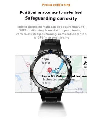 Sports smartwatch with dual cameras, touch screen, and heart rate monitoring features