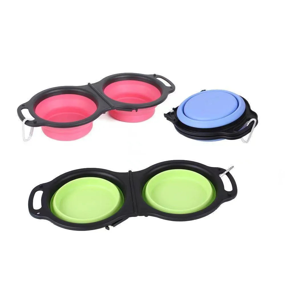 Blue silicone folding double pet bowl showing food and water compartments, folded flat beside it.