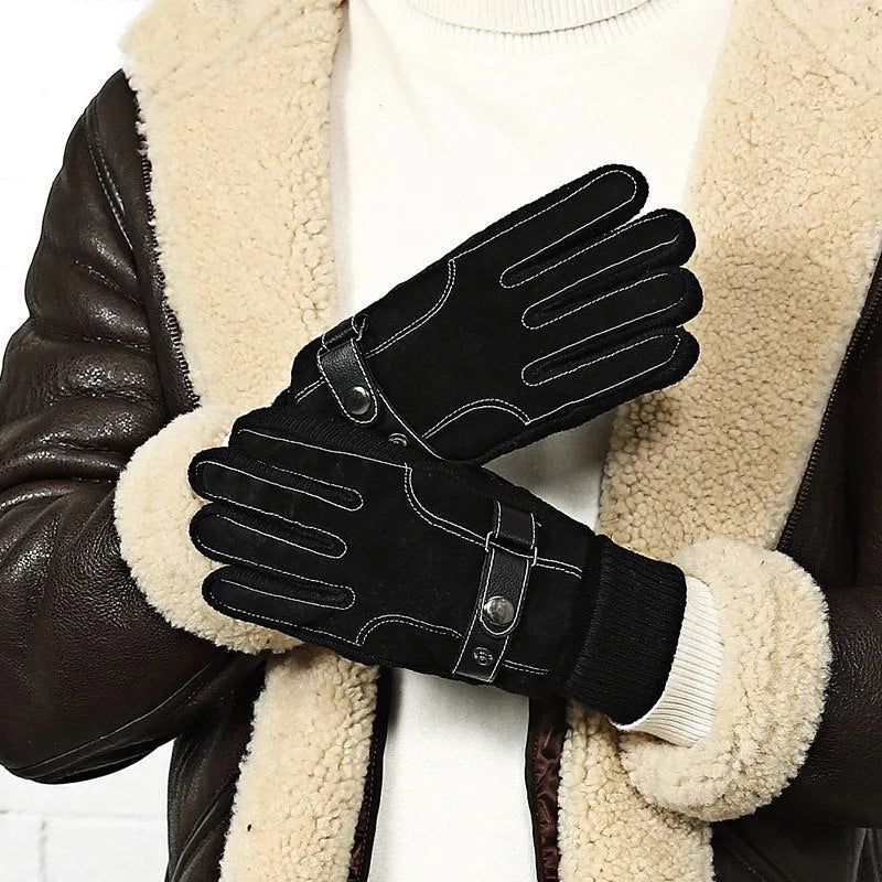 Men's genuine pigskin leather touch screen gloves in brown with fleece lining for winter warmth
