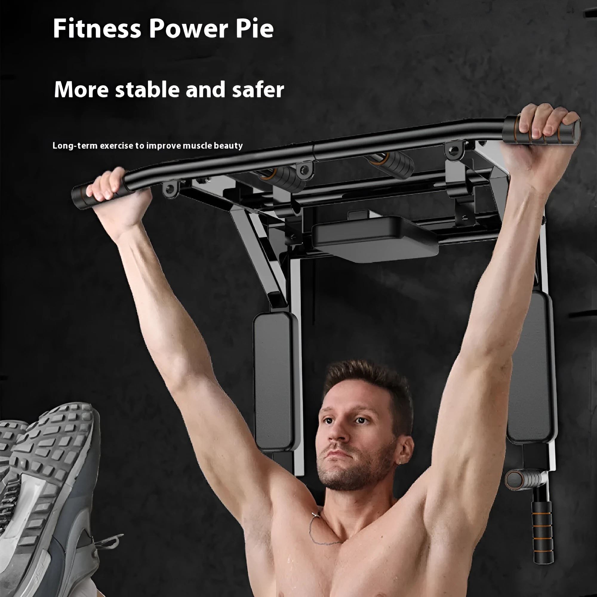 Matte black wall-mounted sandbag rack with integrated single parallel bars pull-up fitness equipment