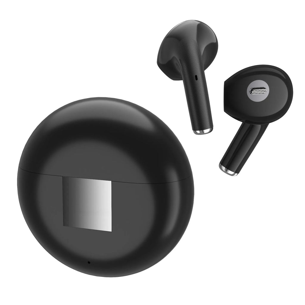 White Budz5 semi-in-ear wireless Bluetooth earbuds next to their black charging case.