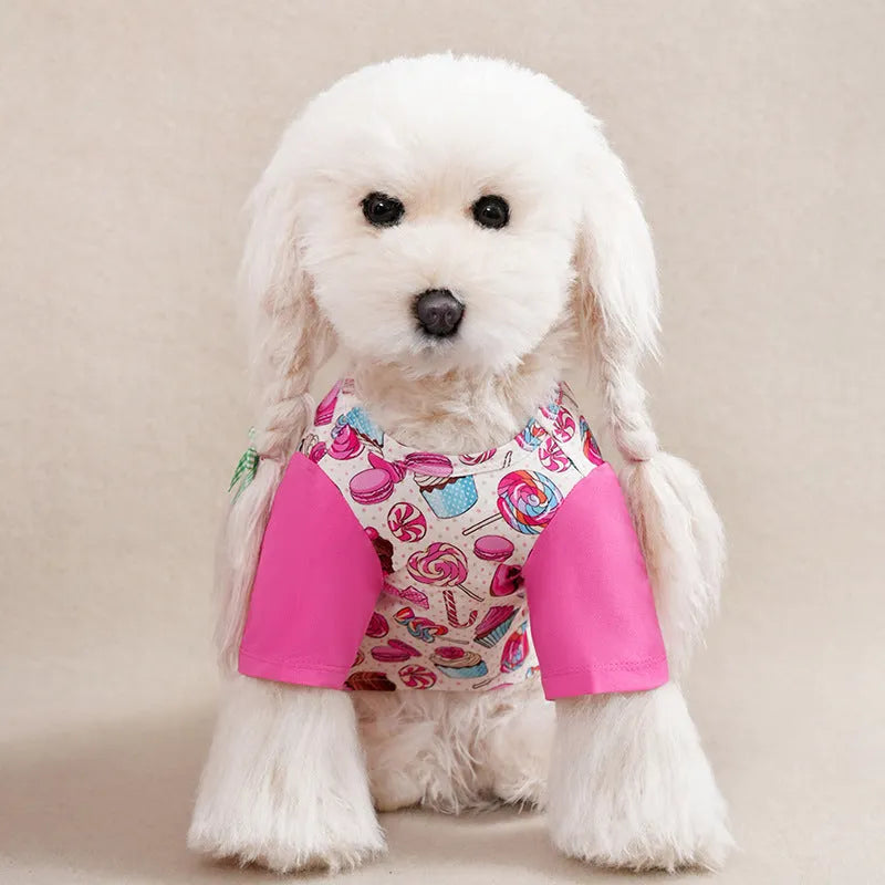 Colourful printed polyester t-shirt on a small dog, showing the casual fit and design.