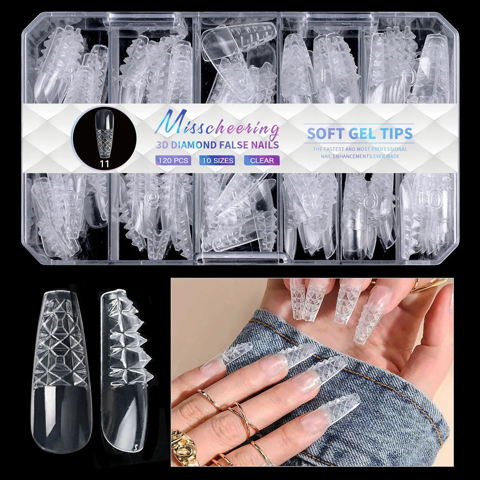 3D diamond texture long false nails in assorted colours, 120-140 pieces per pack