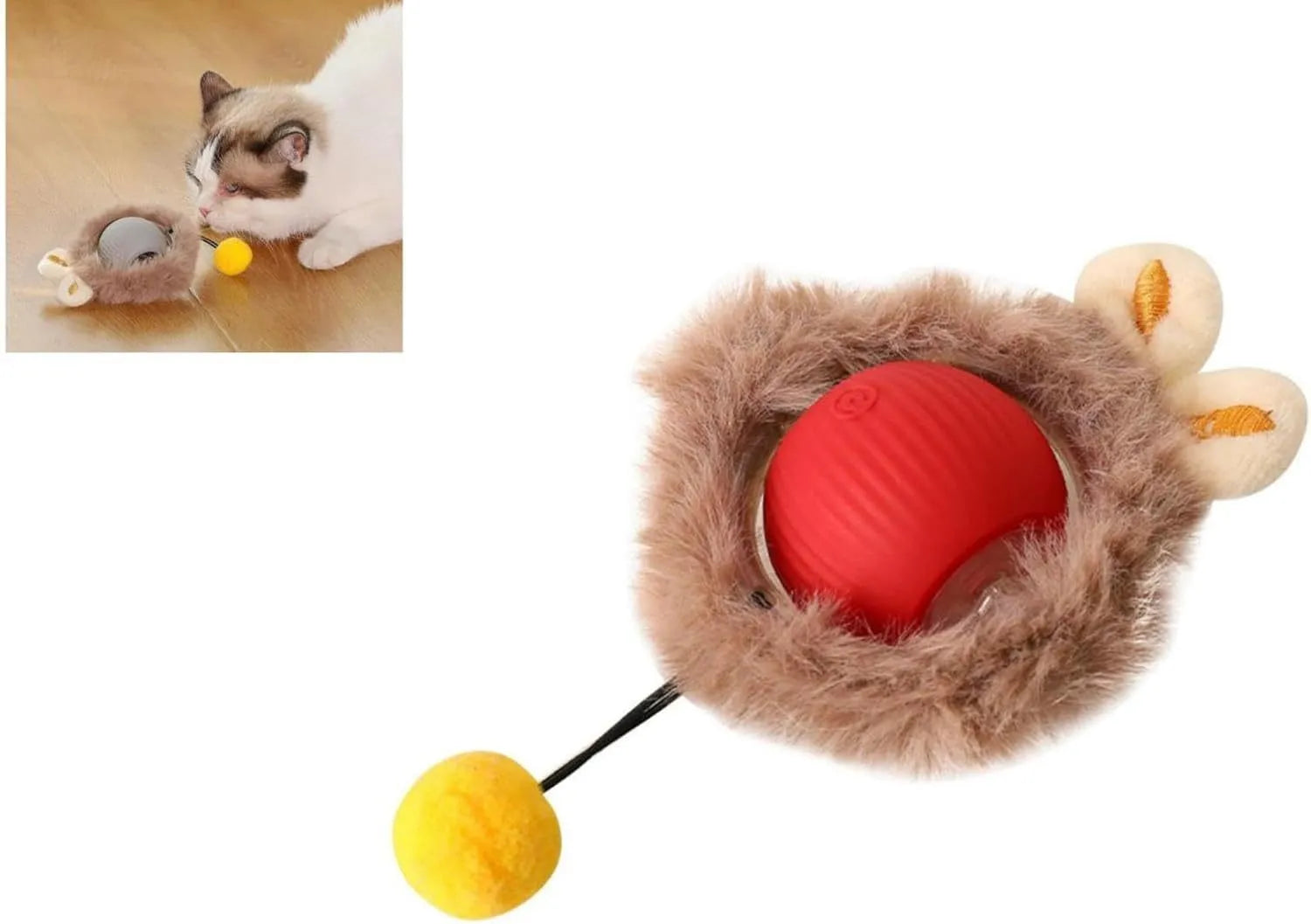Automatic rotating pet ball toy in grey, green, or red colours with string attachment for dogs and cats