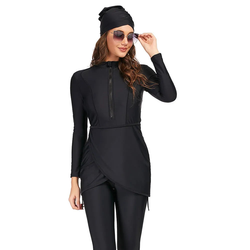Black conservative Muslim swimsuit for ladies with full coverage, shown with optional briefs and bikini styles.