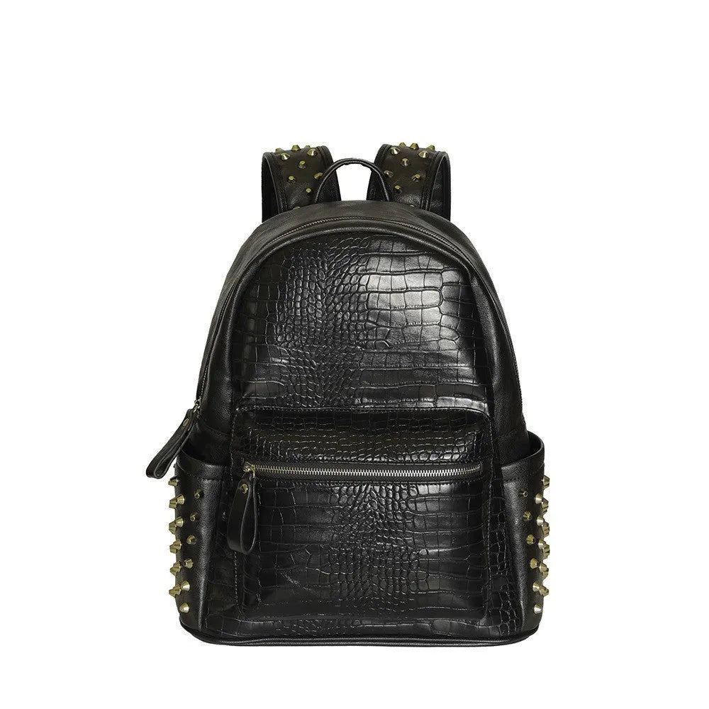 Black waterproof computer schoolbag with 55L capacity and decorative rivet details