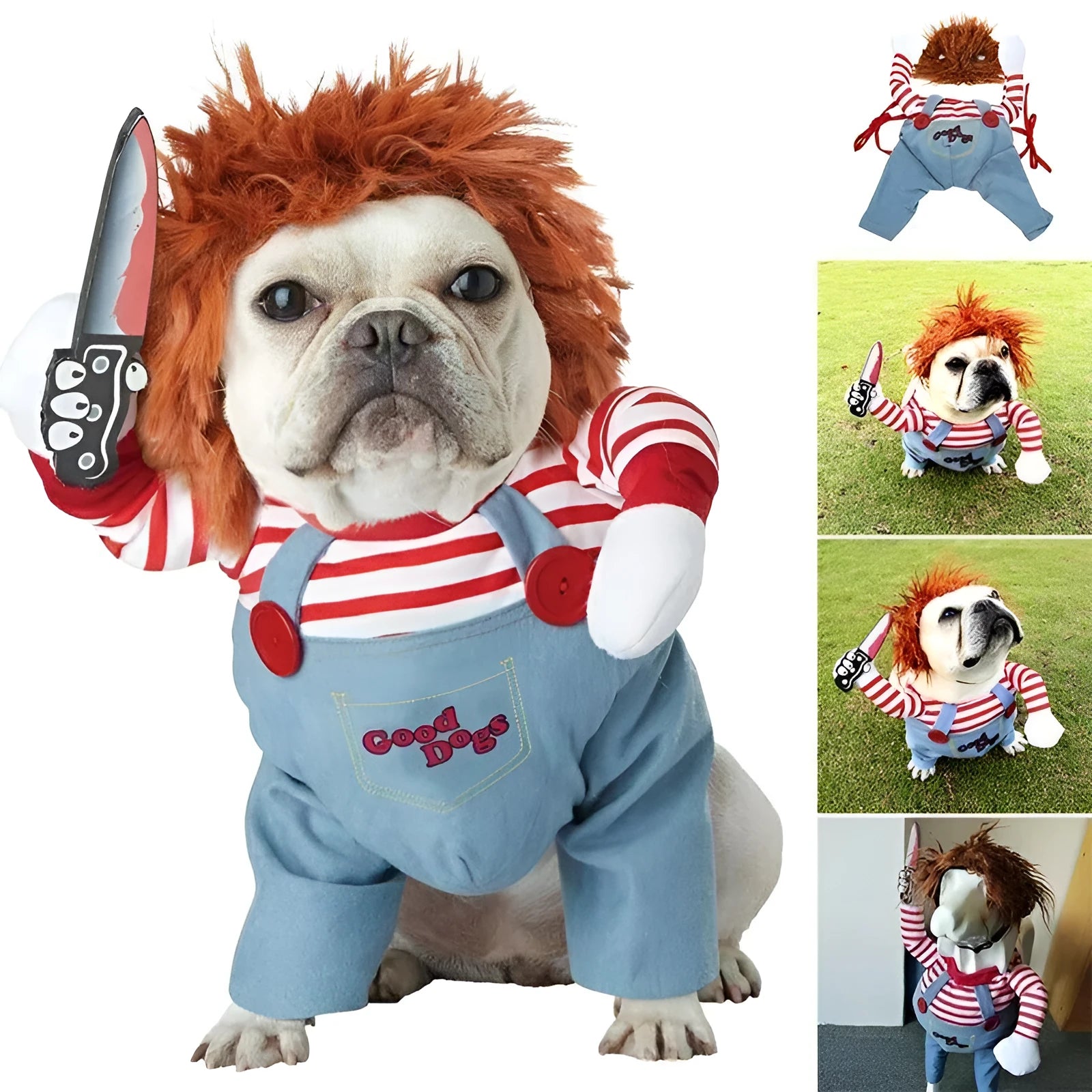 Red polyester adjustable Halloween dog costume with wig and foam knife for pet cosplay parties