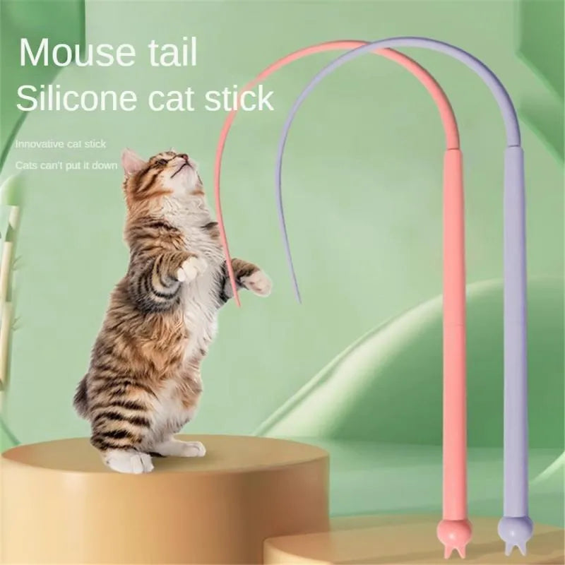Simulated mouse tail cat toy with flexible silicone tail and cat head design