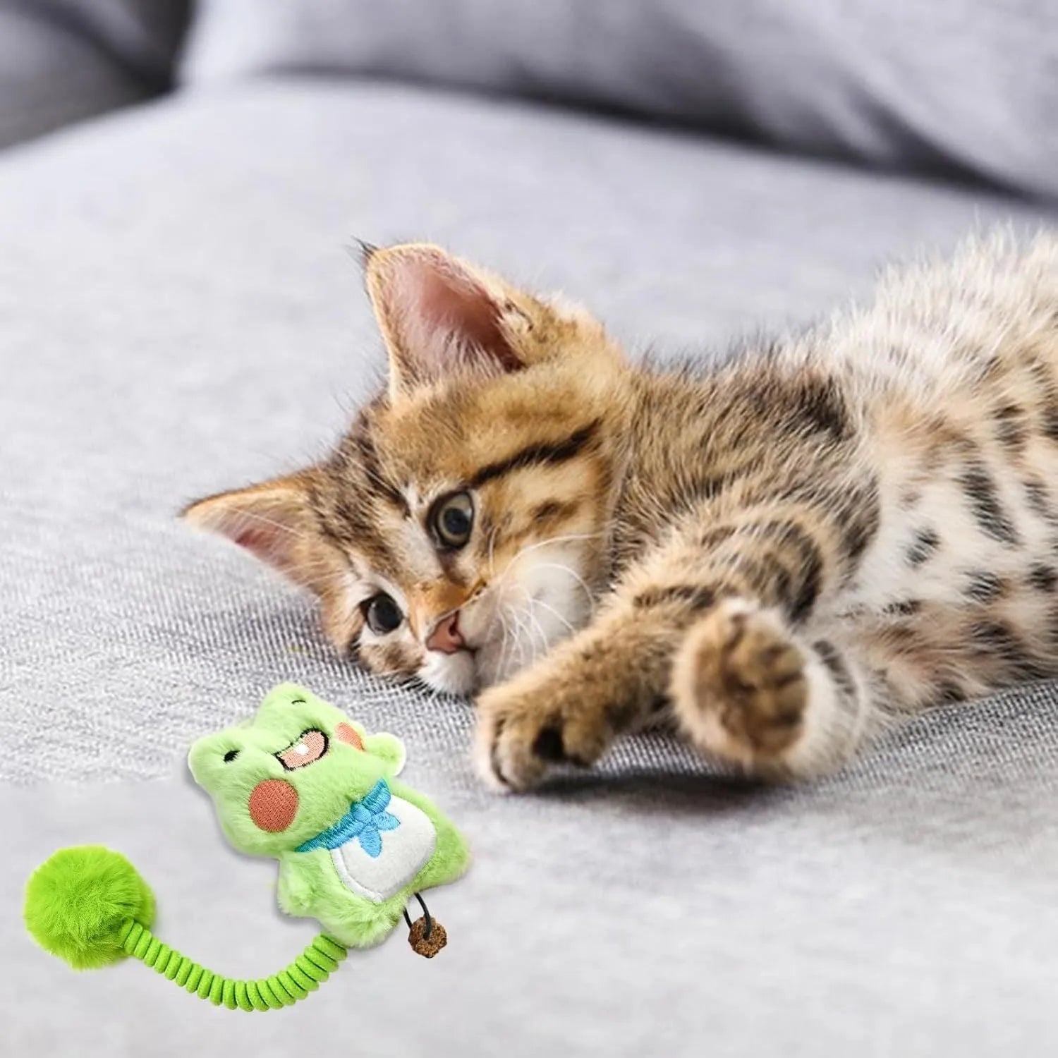 Set of interactive cat toys including a plush animal, silvervine fruit, a spring, and a fuzzy ball.