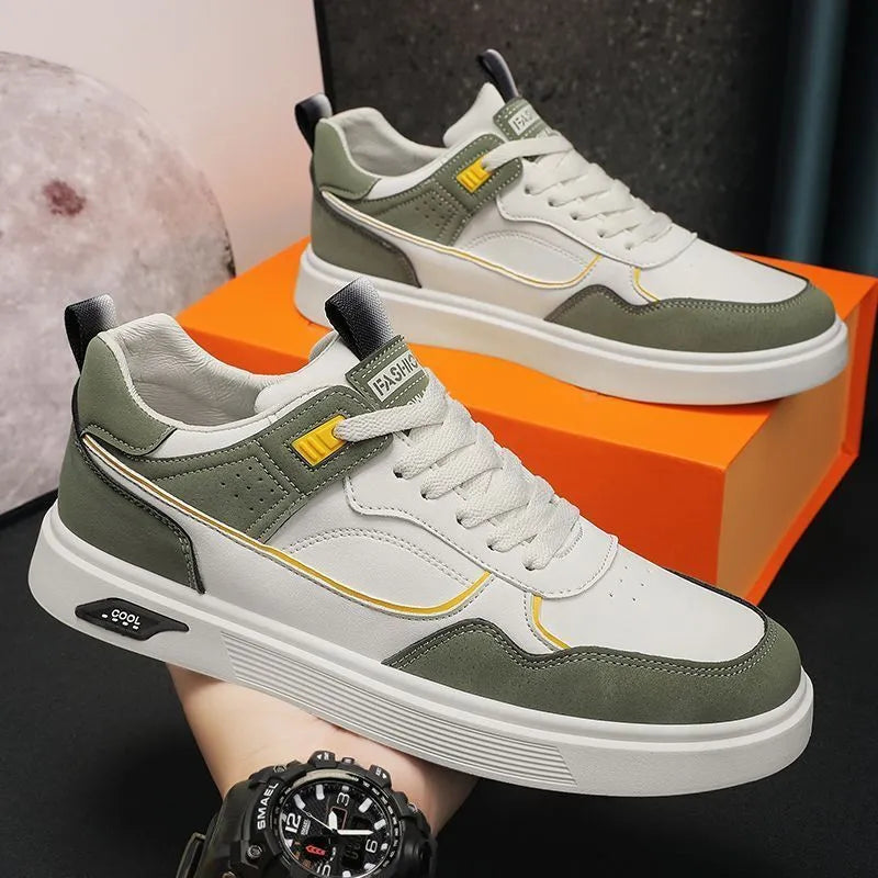 Men's Korean-style canvas board shoes in black with leather stitching details and mesh lining
