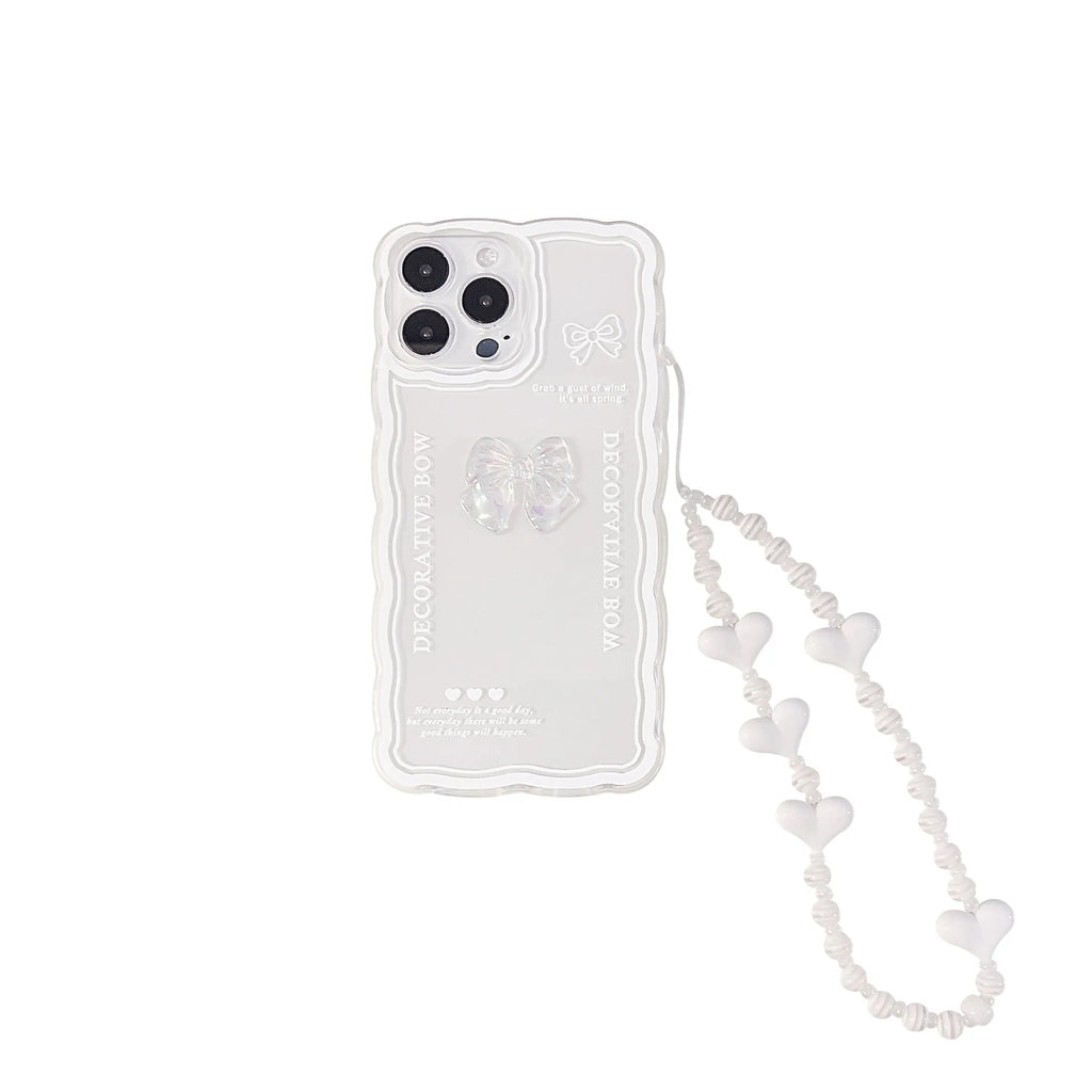 Transparent iPhone case with a raised 3D ice-through bow design on a white background.