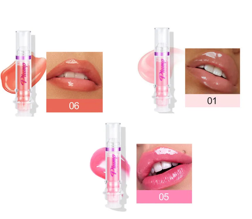 Lip gloss tube with mirror finish showing shiny application on lips