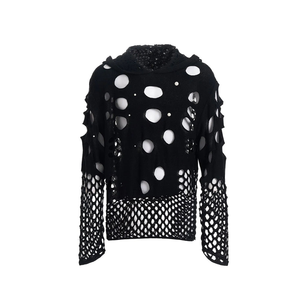 Black men's loose-fit pullover hoodie with pearl decorative details on the hood.