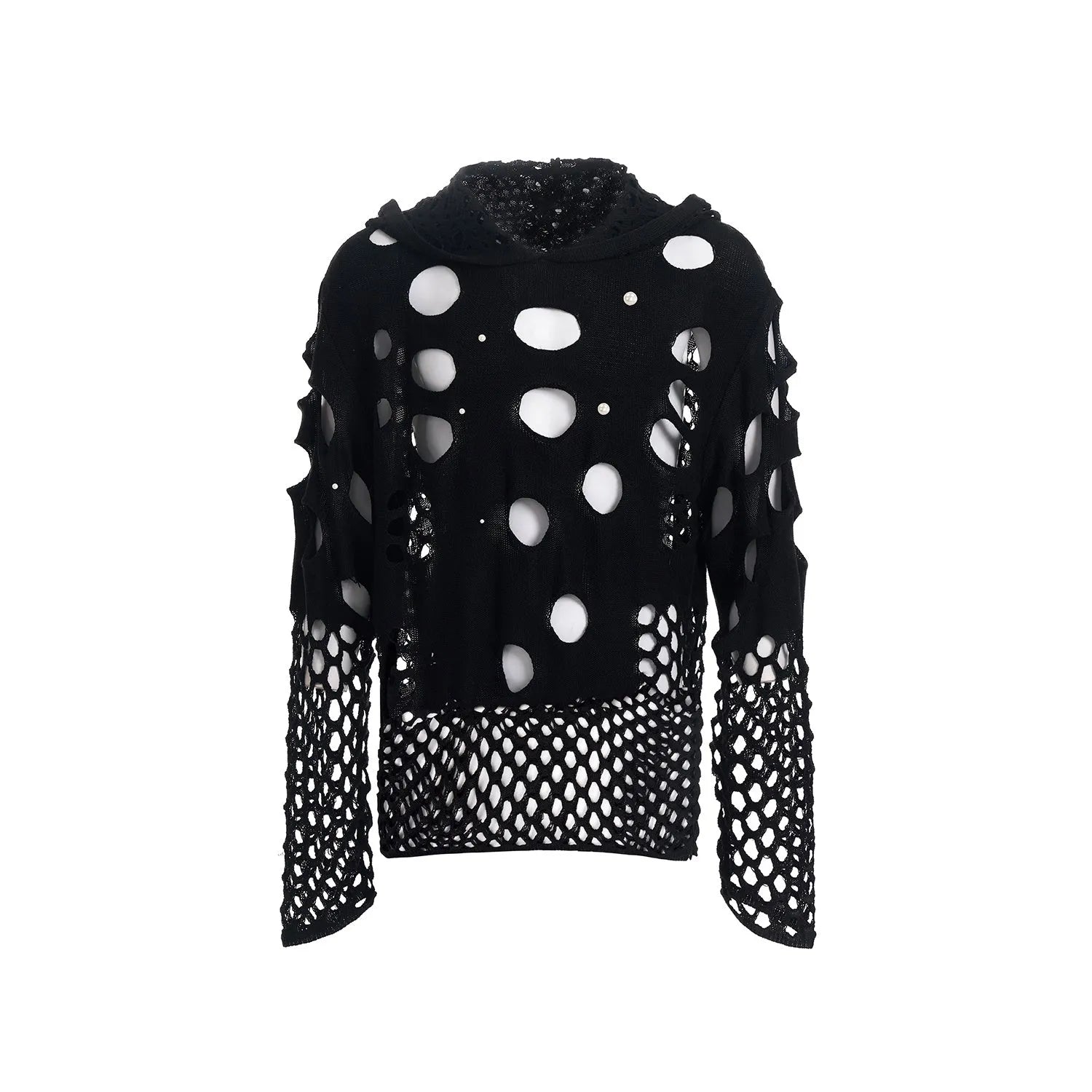 Black men's loose-fit pullover hoodie with pearl decorative details on the hood.