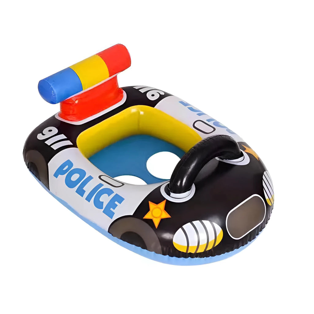 Children's black PVC inflatable swimming ring shaped like a police car with anti-rollover cushion
