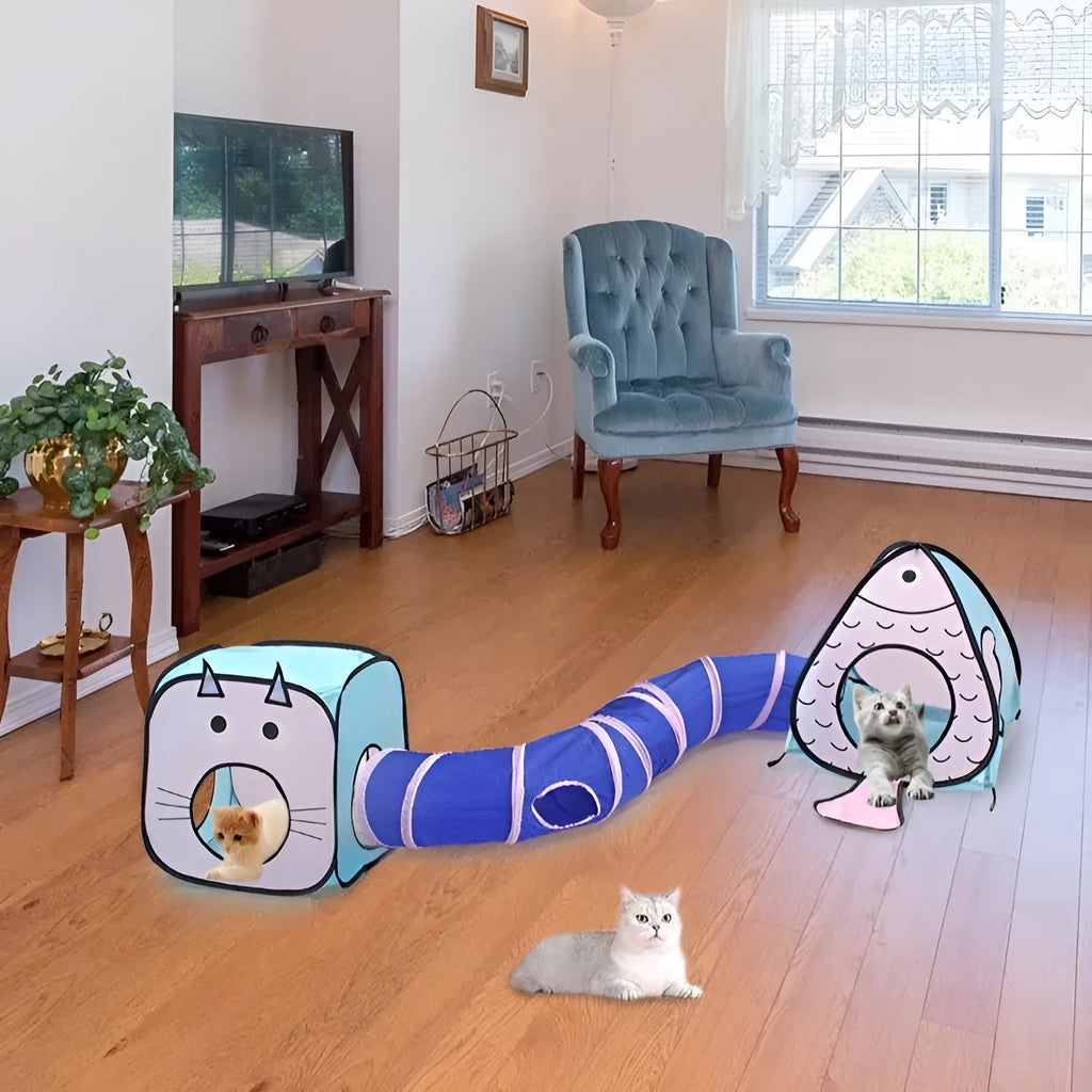 Foldable cat tent and tunnel toy set with cat and fish design in blue and orange colours