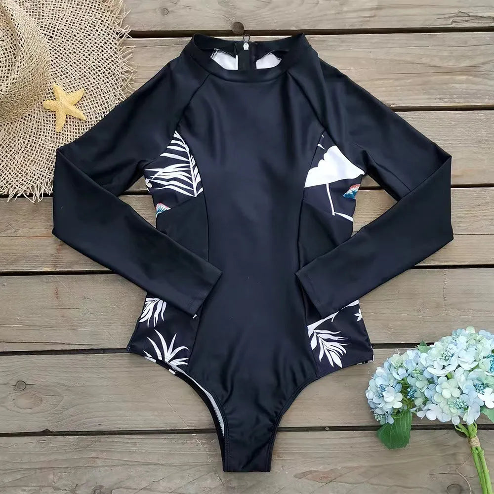 Black printed one-piece diving suit with long sleeves for women