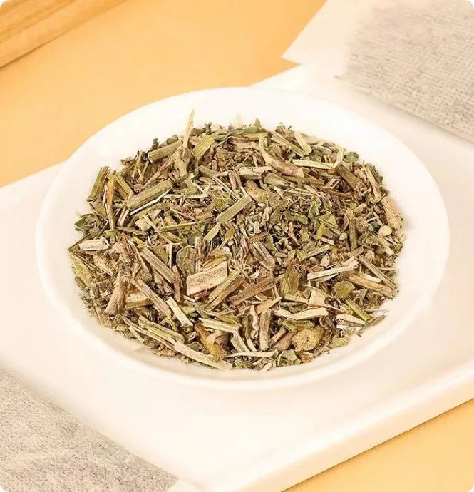 Verbascum Thapsus Tea 20 packs 60g herbal tea bags on a table with a steaming cup