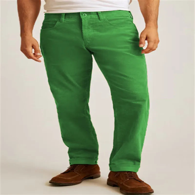 Solid colour corduroy trousers in loose straight-leg style with mid-waist and zip closure