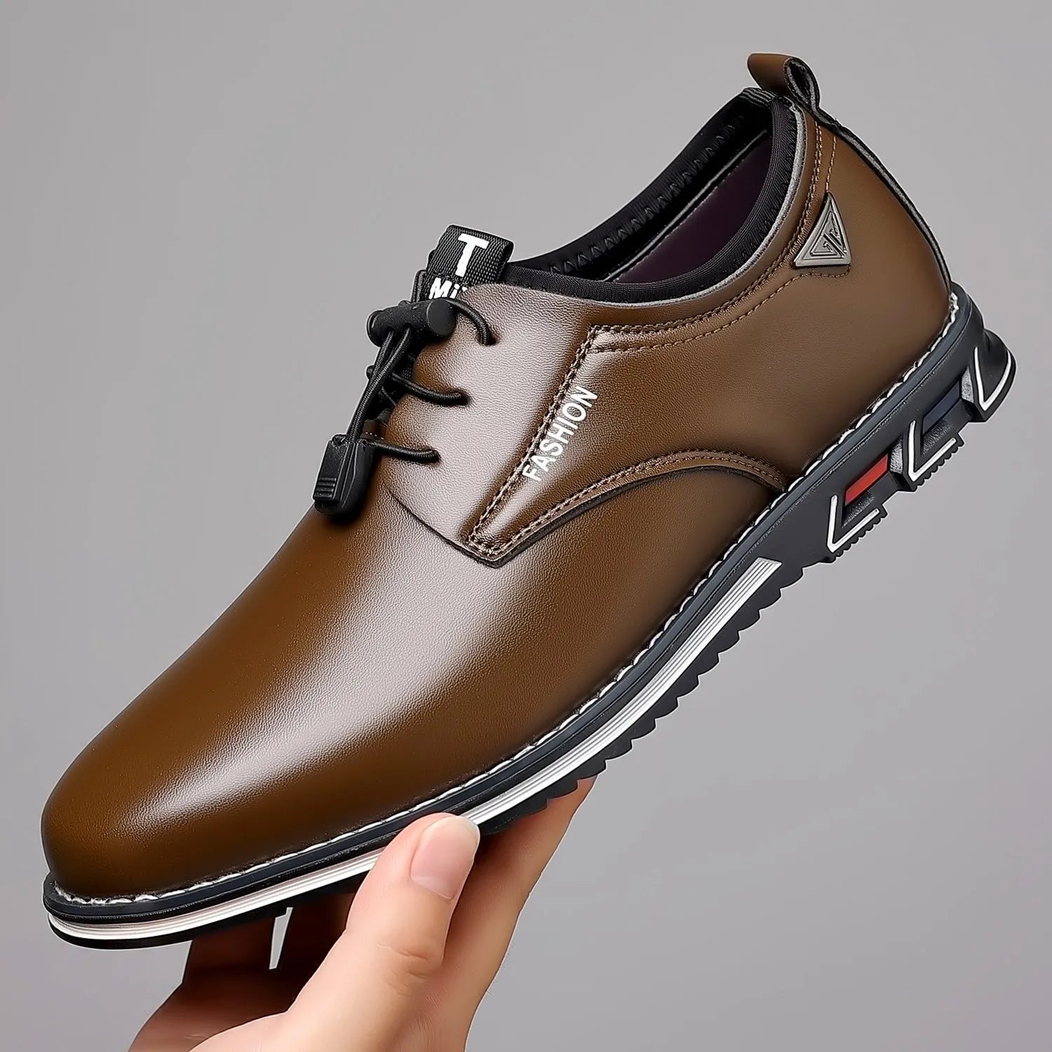 Plus size men's casual leather shoes with artificial PU upper, elastic band, black colour, low top round toe, rubber sole, size 38 to 52