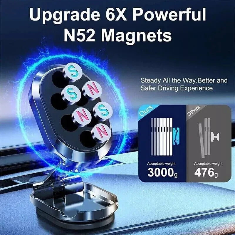 Chrome magnetic car phone holder showing folded and extended positions with 360-degree rotation