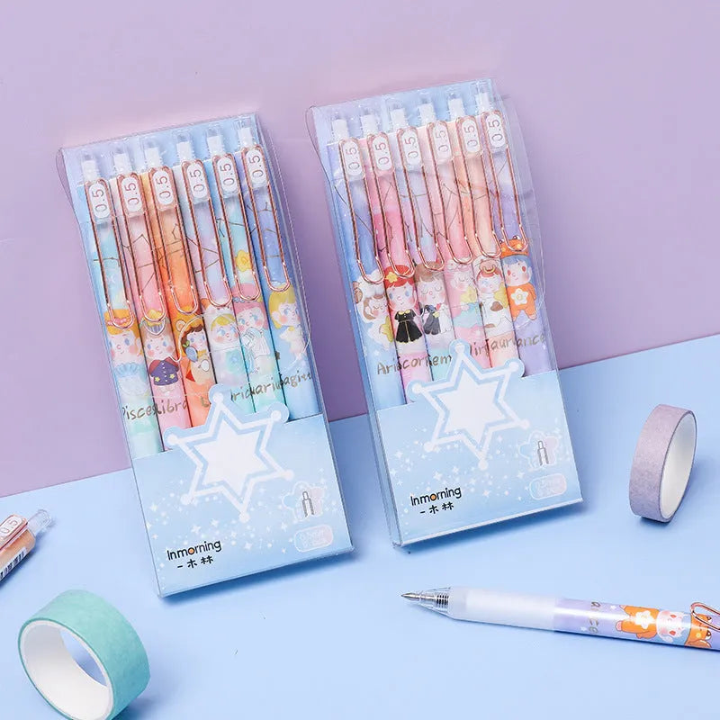 Six Lisa's Secret Constellation press gel pens with 0.5mm tips and zodiac cartoon designs