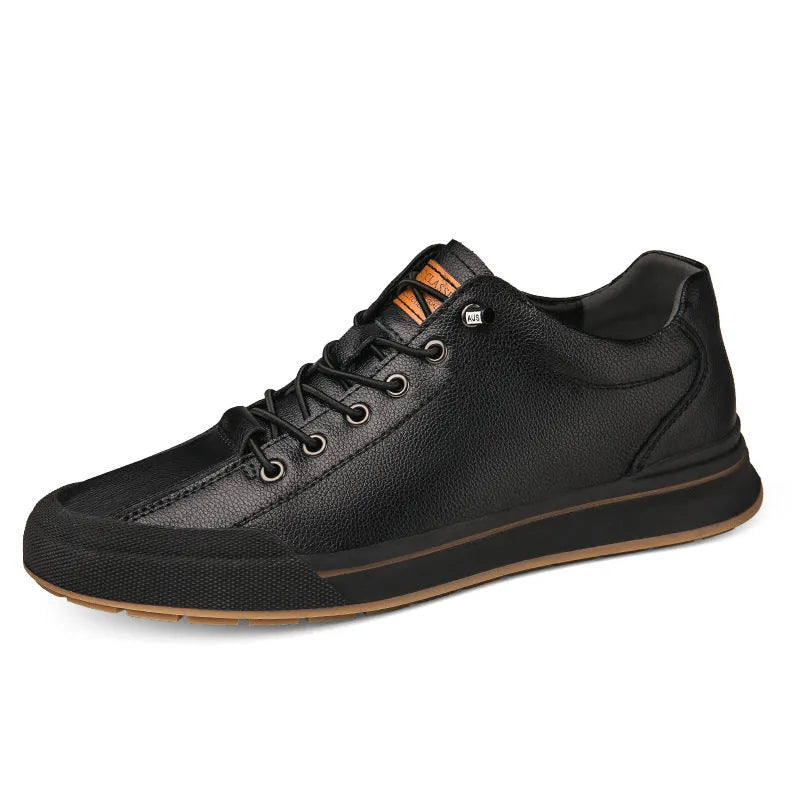 Men's white matte leather casual shoes with a 6cm platform and round toe on a plain background.