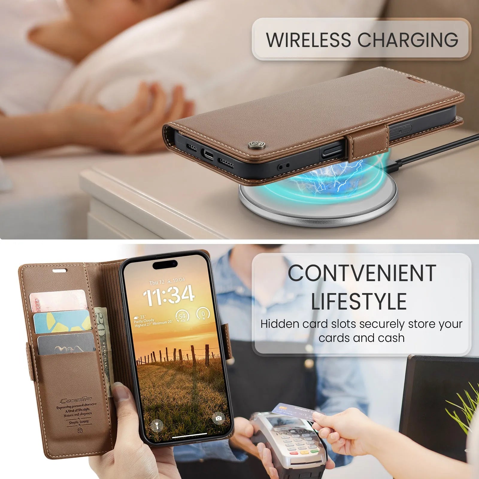 Black anti-theft TPU leather phone case with card slot and kickstand for iPhone model